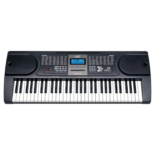 Black electronic keyboard with white keys on a white background