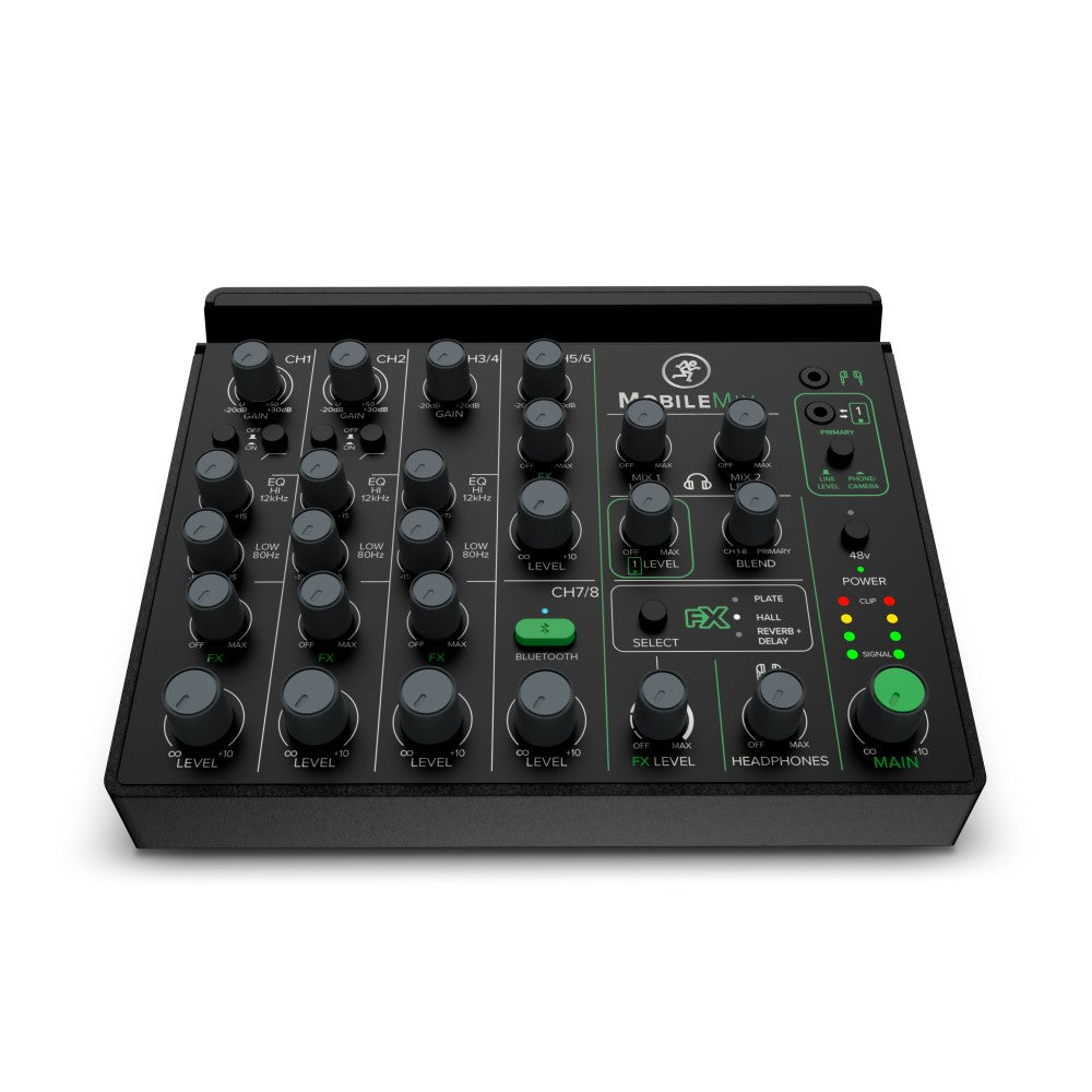 Black audio mixer with control knobs and LED indicators on a white background