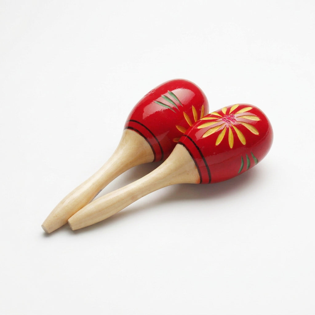 Stagg Pair of Oval Wooden Maracas, Flower Finish, Red