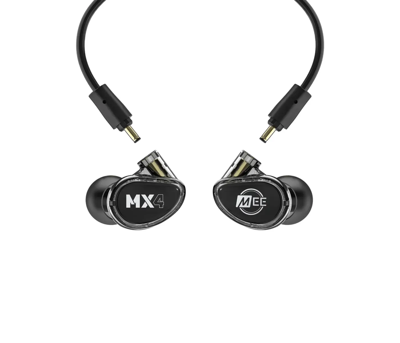 Pair of black in-ear headphones with MX4 branding on a white background