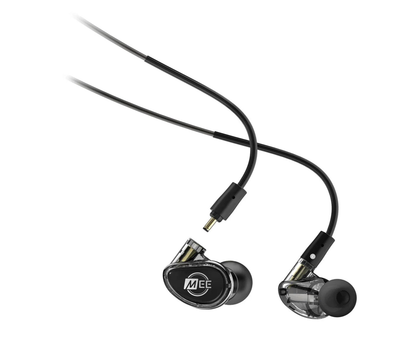 Pair of black in-ear headphones with a cable on a white background