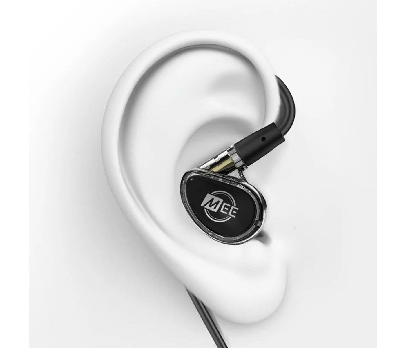 In-ear headphones with MEE logo on a white background