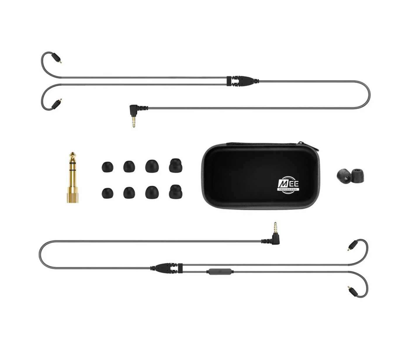 Set of black earbud components with a carrying case on a white background