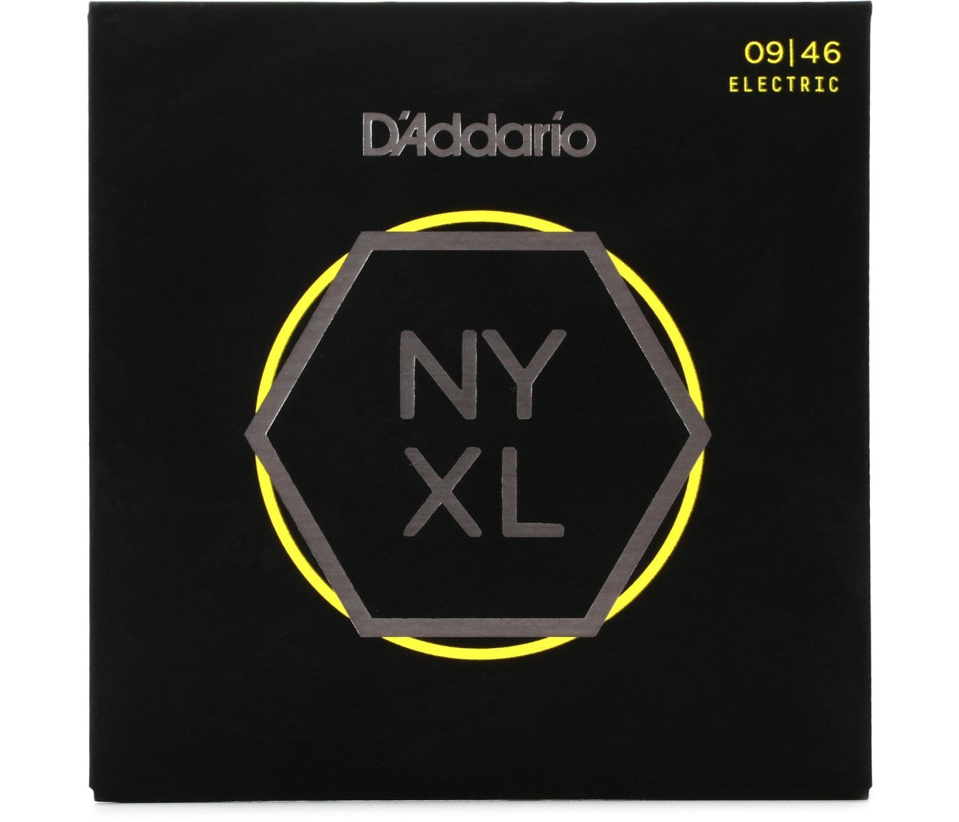 A package of D'Addario NYXL electric guitar strings in nickel-plated steel wrap, with the model number 09-46 visible.