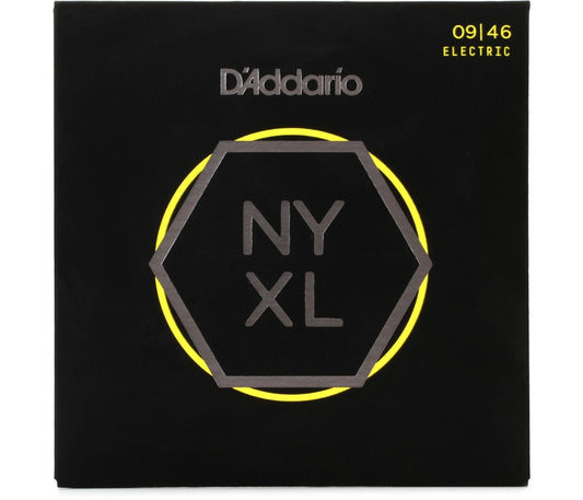 A package of D'Addario NYXL electric guitar strings in nickel-plated steel wrap, with the model number 09-46 visible.
