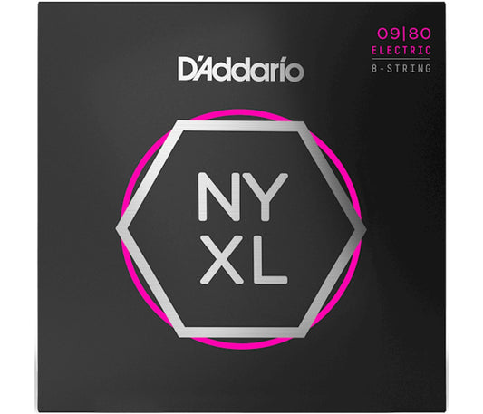 Packaging for D'Addario NYXL electric guitar strings with the model number 09-80 displayed prominently.