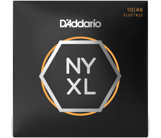 A package of D'Addario NYXL electric guitar strings in a black bag with orange and white branding, indicating the gauge size 10-46 and the model NYXL.