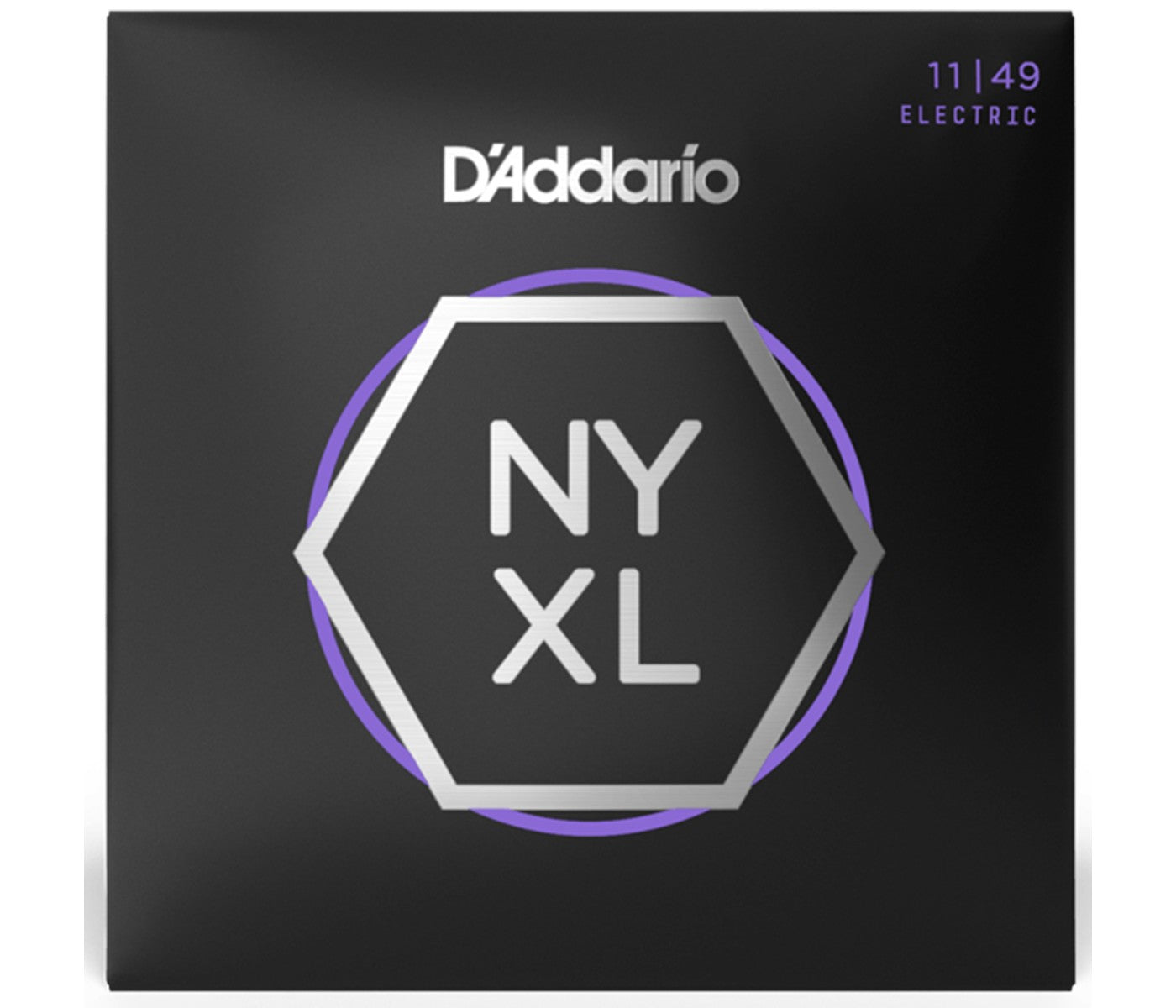 A pack of D'Addario NYXL electric guitar strings with the model number 11-49 displayed on the packaging, which is predominantly black with purple and white accents.
