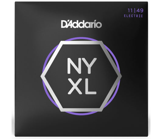 A pack of D'Addario NYXL electric guitar strings with the model number 11-49 displayed on the packaging, which is predominantly black with purple and white accents.
