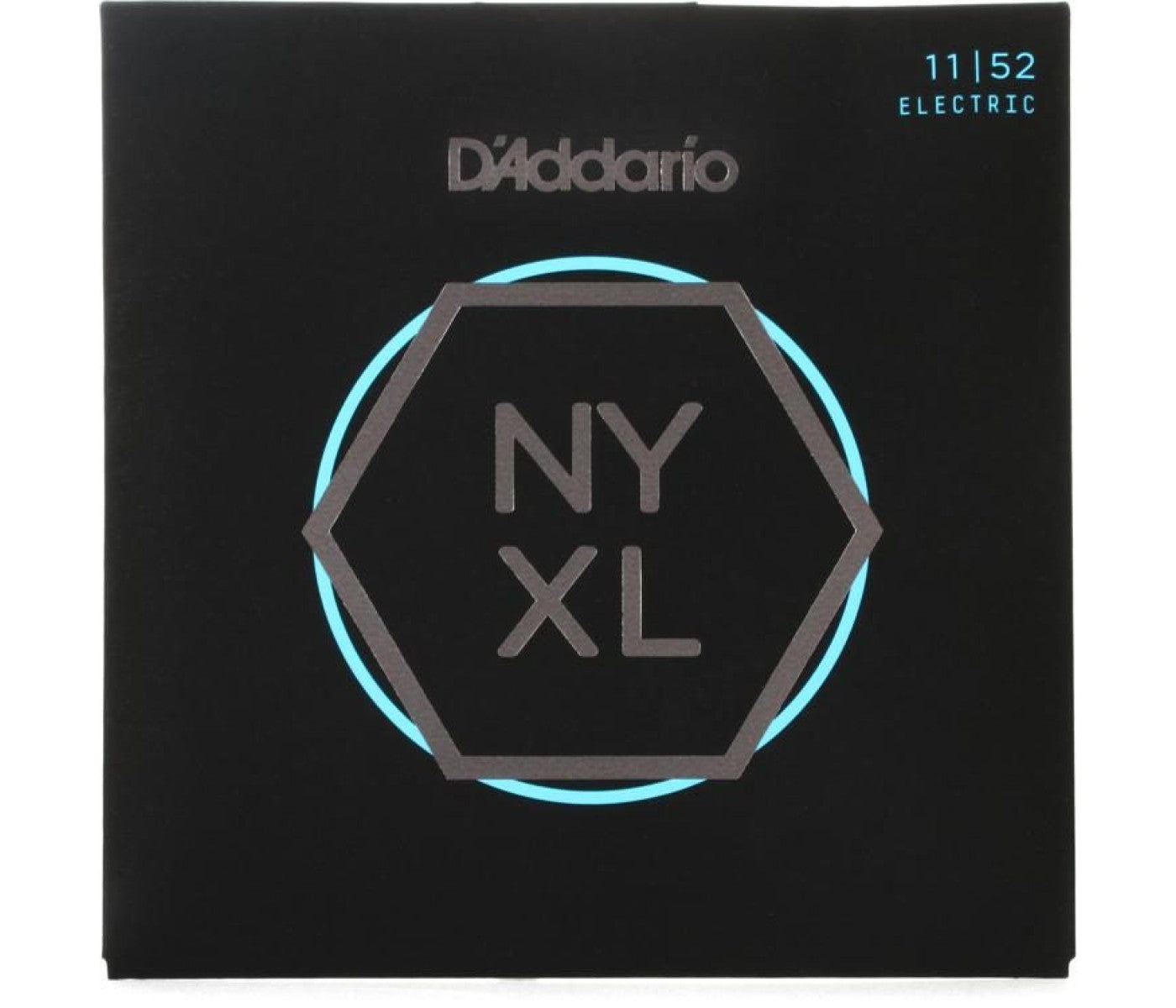A package of D'Addario NYXL electric guitar strings in black with highlighted blue and white text indicating the gauge size and product model.