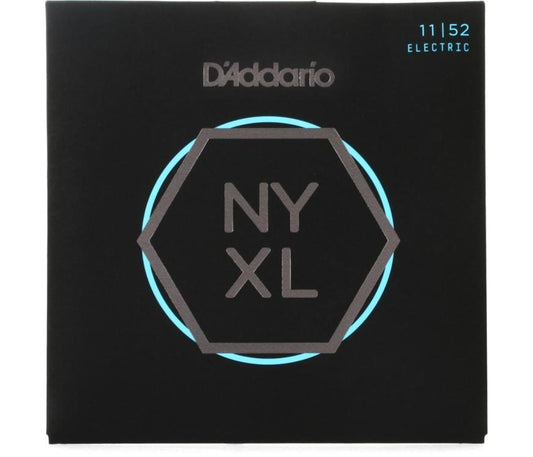 A package of D'Addario NYXL electric guitar strings in black with highlighted blue and white text indicating the gauge size and product model.