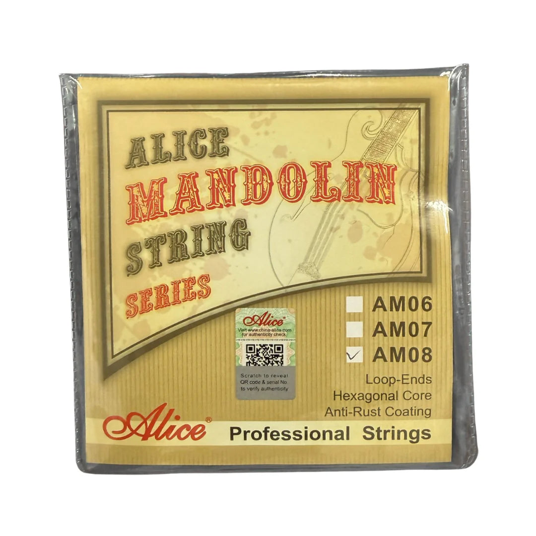 Packaged Alice mandolin strings with product details on a white background