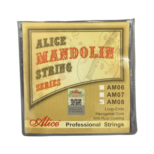 Packaged Alice mandolin strings with product details on a white background