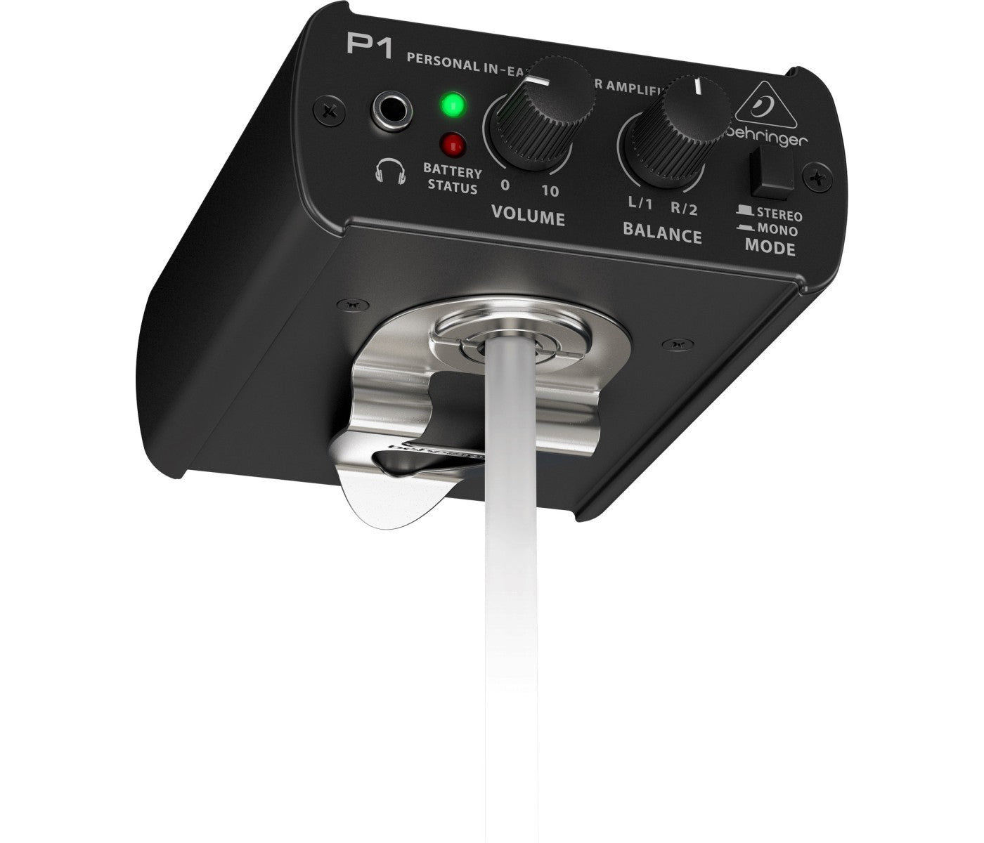 Audio amplifier with control knobs and connectors on a white background