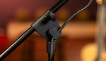 Close-up of a microphone stand with a blurred background