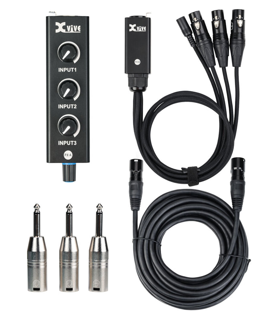 Xvive PX System Personal in-Ear Monitor Amplifier with cables and inputs, predominantly black color.