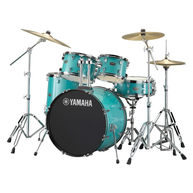 Turquoise Yamaha drum set with cymbals on a white background