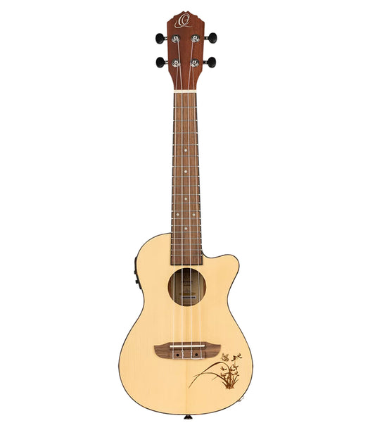 Ortega Bon Fire Ukulele Concert Size Mahogany Back, Spruce Top wth Laser Engraving and Equalizer
