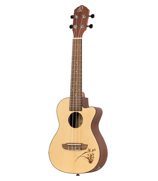 Ortega Bon Fire Ukulele Concert Size Mahogany Back, Spruce Top wth Laser Engraving and Equalizer