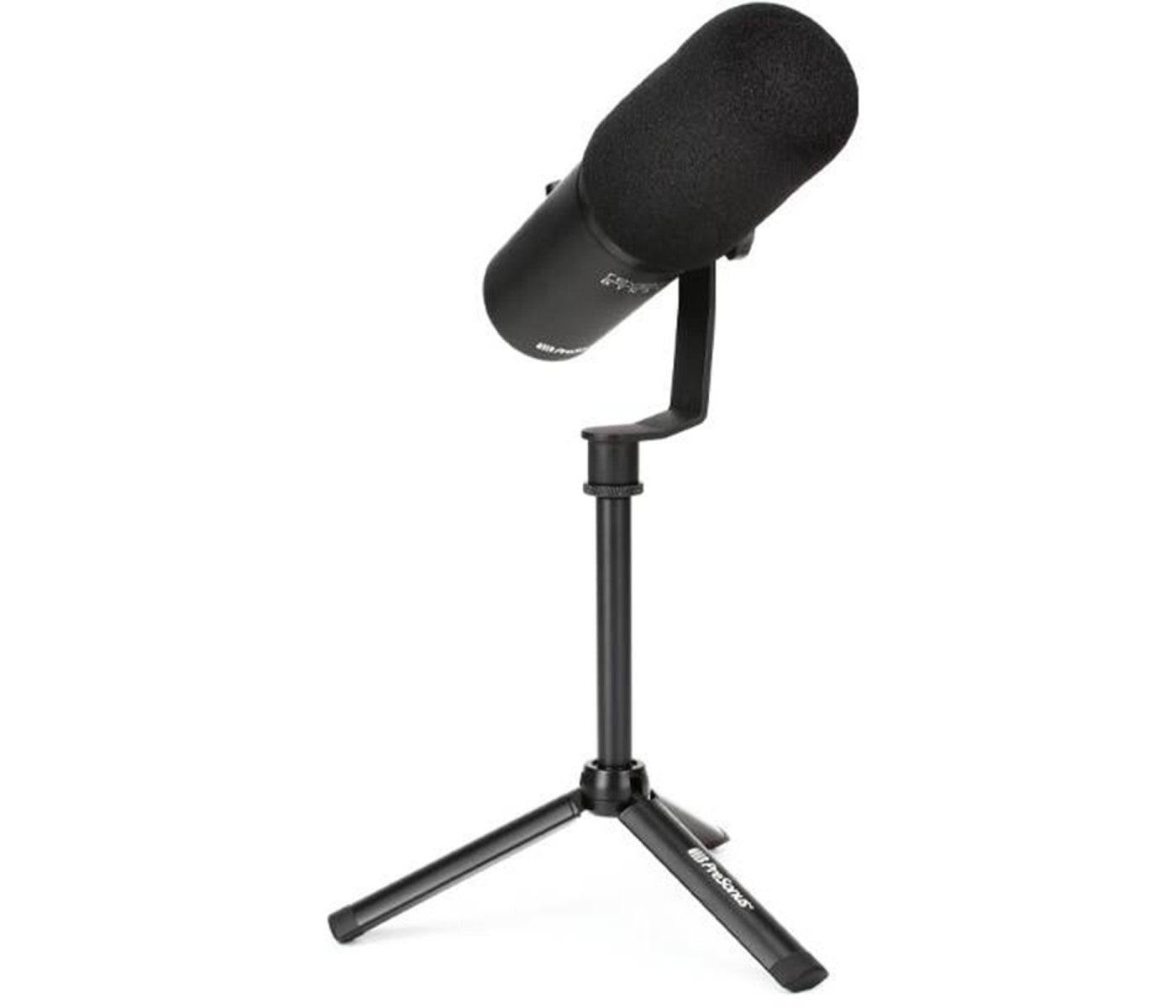 Black microphone on a stand with a white background
