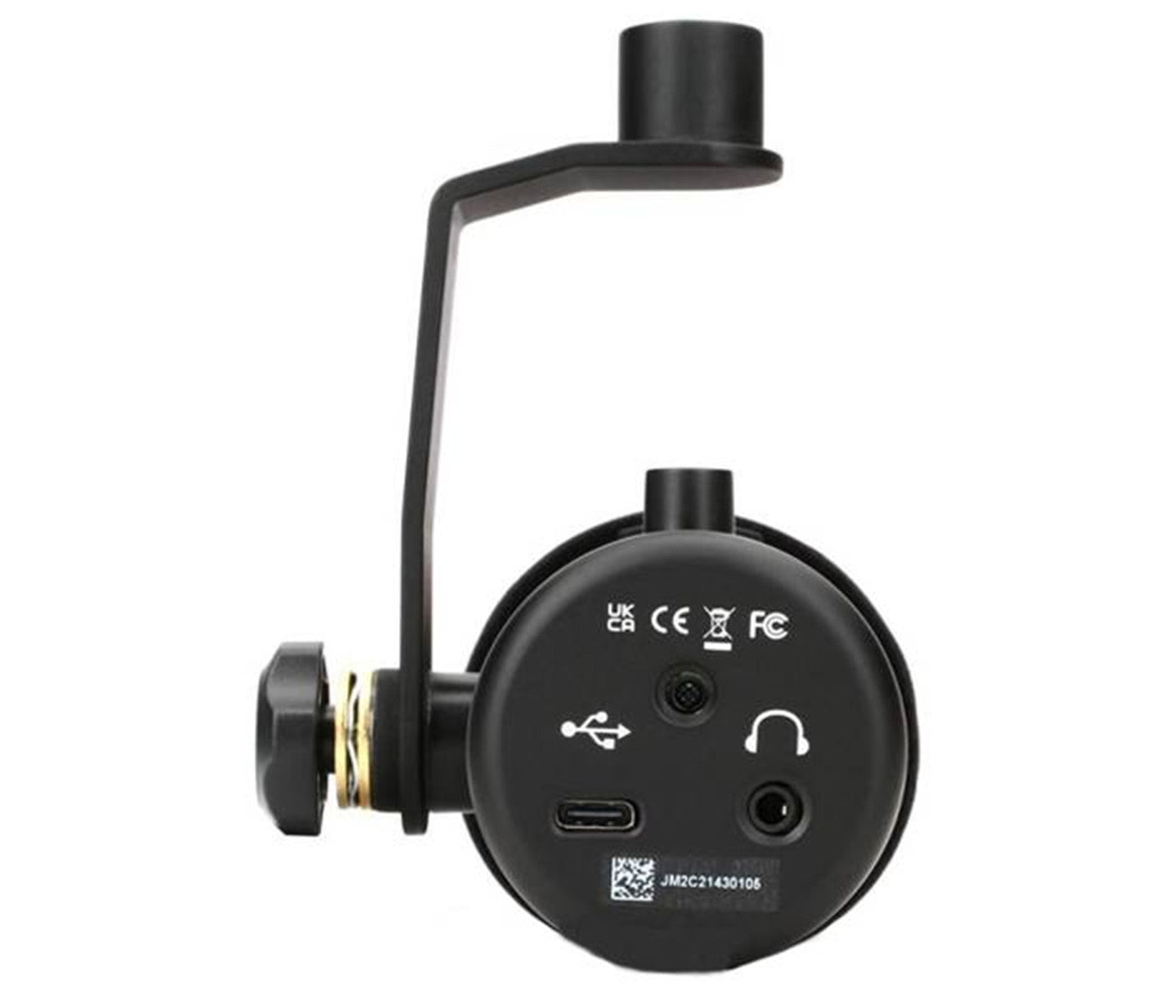 Black microphone with USB and other connectors on a white background