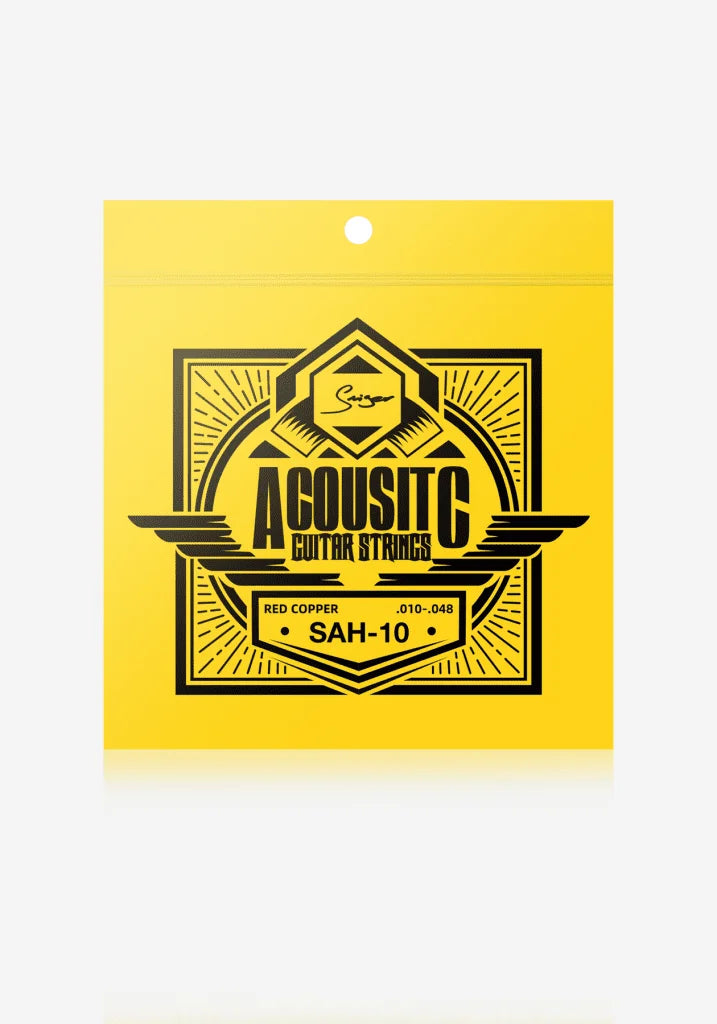 Yellow packaging of acoustic guitar strings with black text on a white background