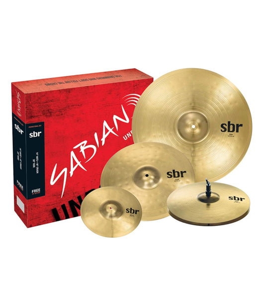 A set of Sabian SBR cymbals, including 10" Splash, 14" Hats, 16" Crash, and 20" Ride, with the product packaging in the background.