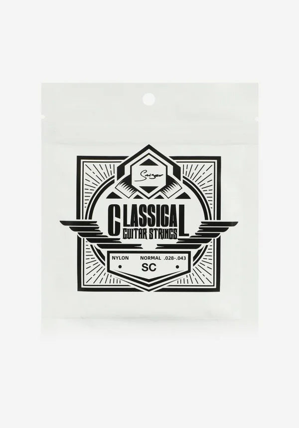 Packaging of classical guitar strings with brand logo on a white background