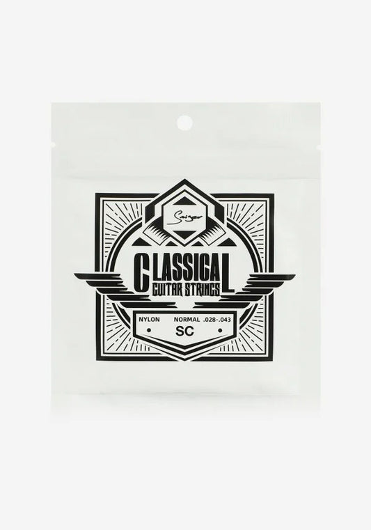 Packaging of classical guitar strings with brand logo on a white background