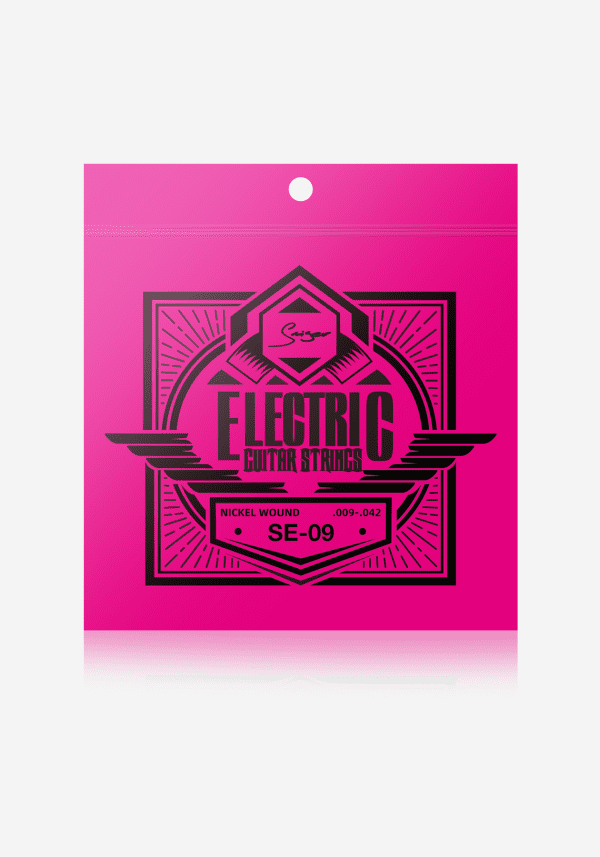 Pink packaging of electric guitar strings with black text on a white background