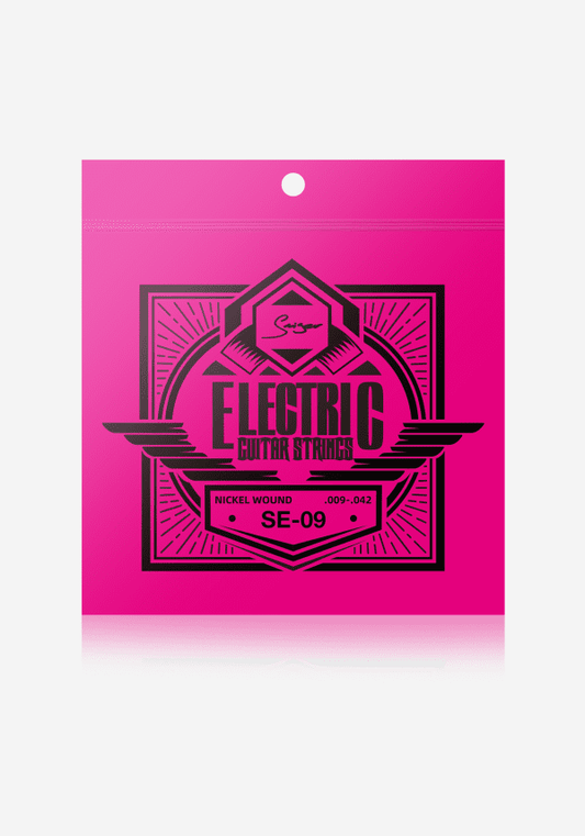 Pink packaging of electric guitar strings with black text on a white background
