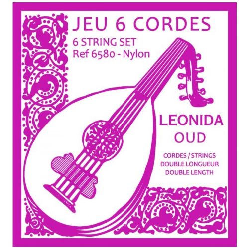 Packaging for Savarez 6580 Leonida Oud set showing a graphic of the oud instrument with decorative elements and text detailing the string set.