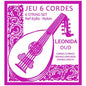 Packaging for Savarez 6580 Leonida Oud set showing a graphic of the oud instrument with decorative elements and text detailing the string set.