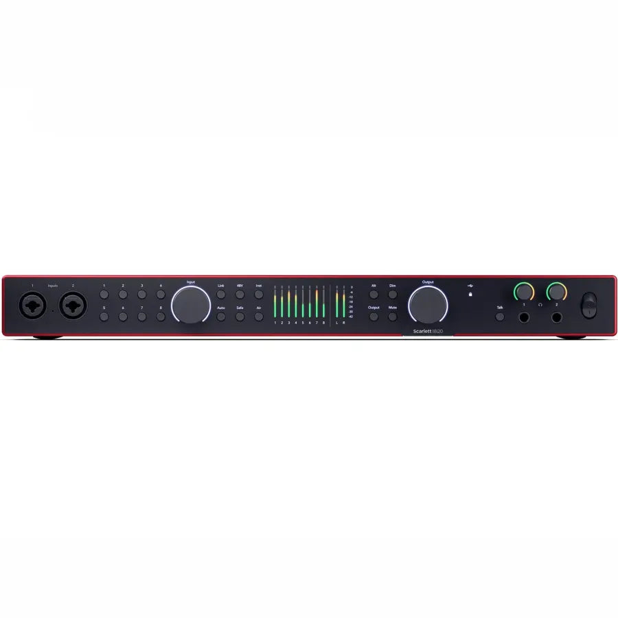 Audio interface with control knobs and display on a white background