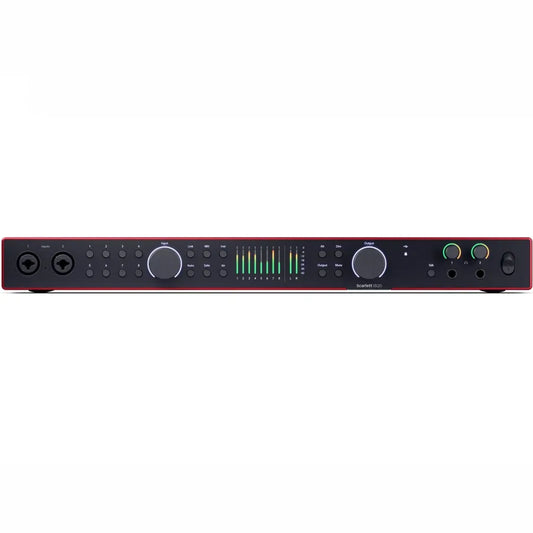 Audio interface with control knobs and display on a white background