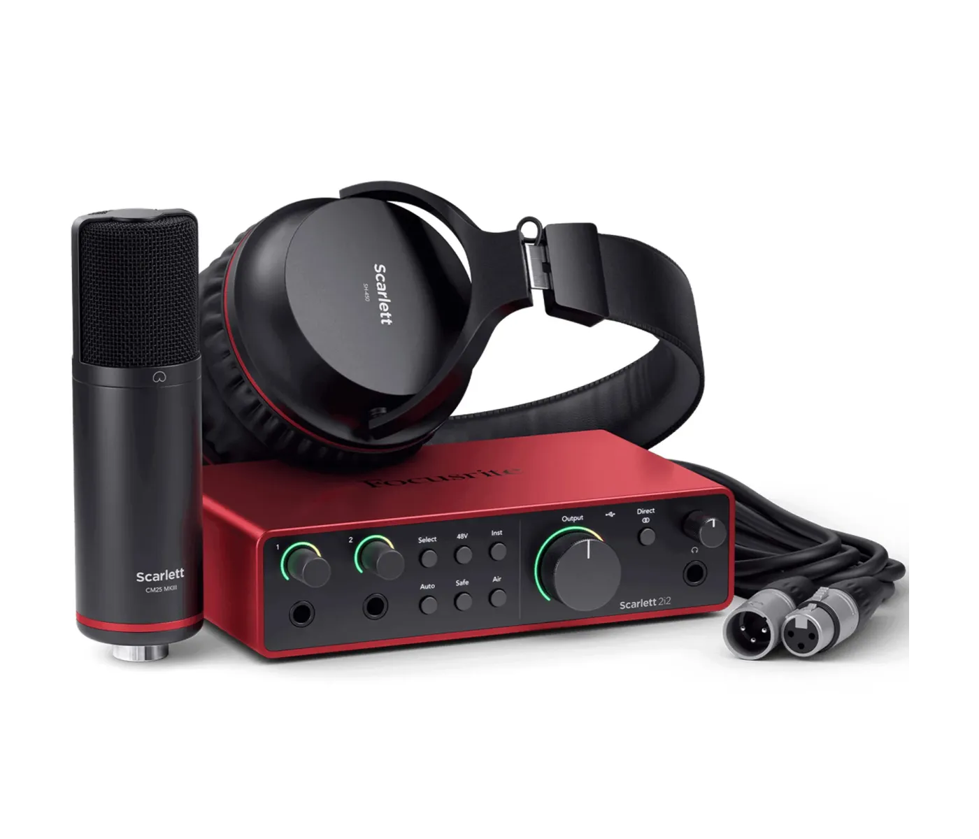 Audio recording setup with Scarlett microphone, headphones, and audio interface on a white background