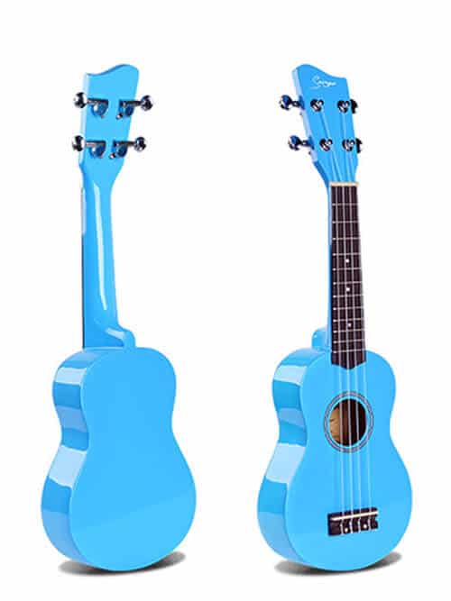Two blue ukuleles with striped design on a white background