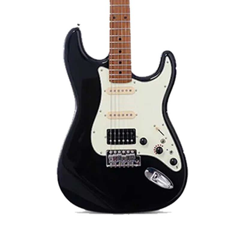 Black electric guitar with a white pickguard on a white background