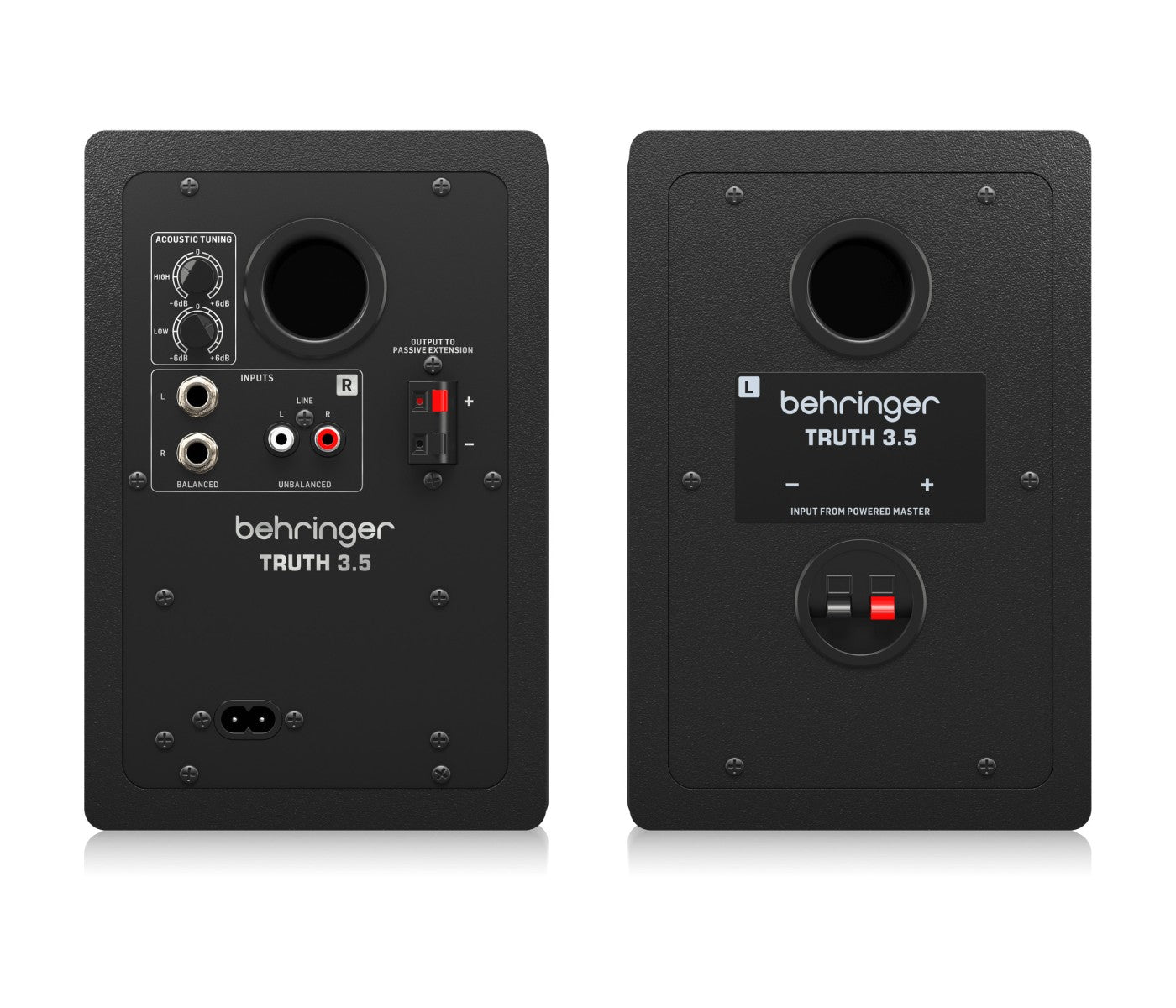 Two Behringer Truth 3.5 studio monitors on a white background