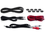 Set of audio cables and connectors on a white background