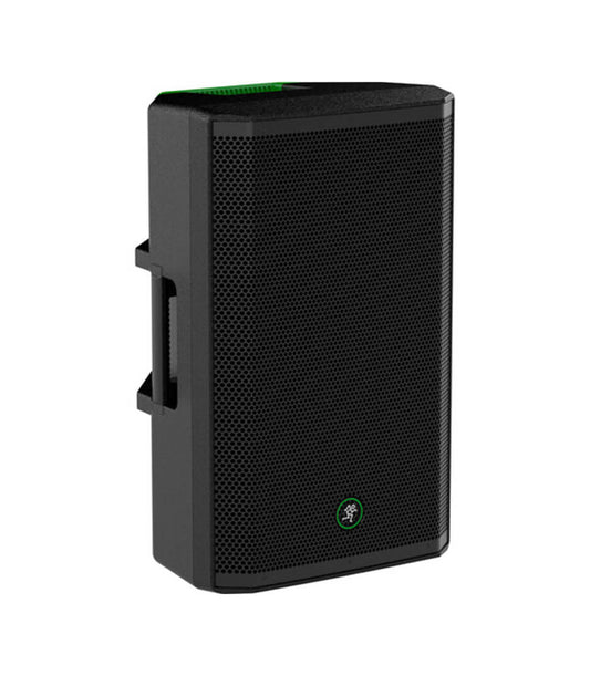 Mackie Thrash 215 1300 Watt Powered Loudspeaker with 15-inch Woofer and 1-inch Titanium Compression Driver, in black color with a handle on the top.