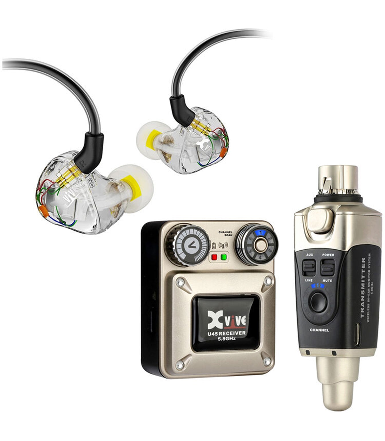 In-ear monitoring system with transmitter and receiver on a white background