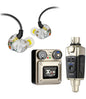 In-ear monitoring system with transmitter and receiver on a white background