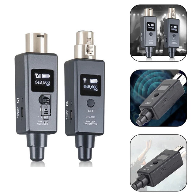 Two gray audio transmitters with digital displays on a white background, surrounded by smaller images of the devices.