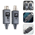 Two gray audio transmitters with digital displays on a white background, surrounded by smaller images of the devices.
