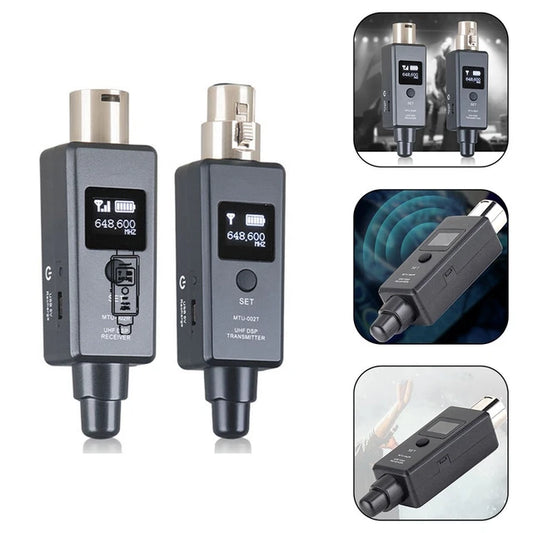 Two gray audio transmitters with digital displays on a white background, surrounded by smaller images of the devices.