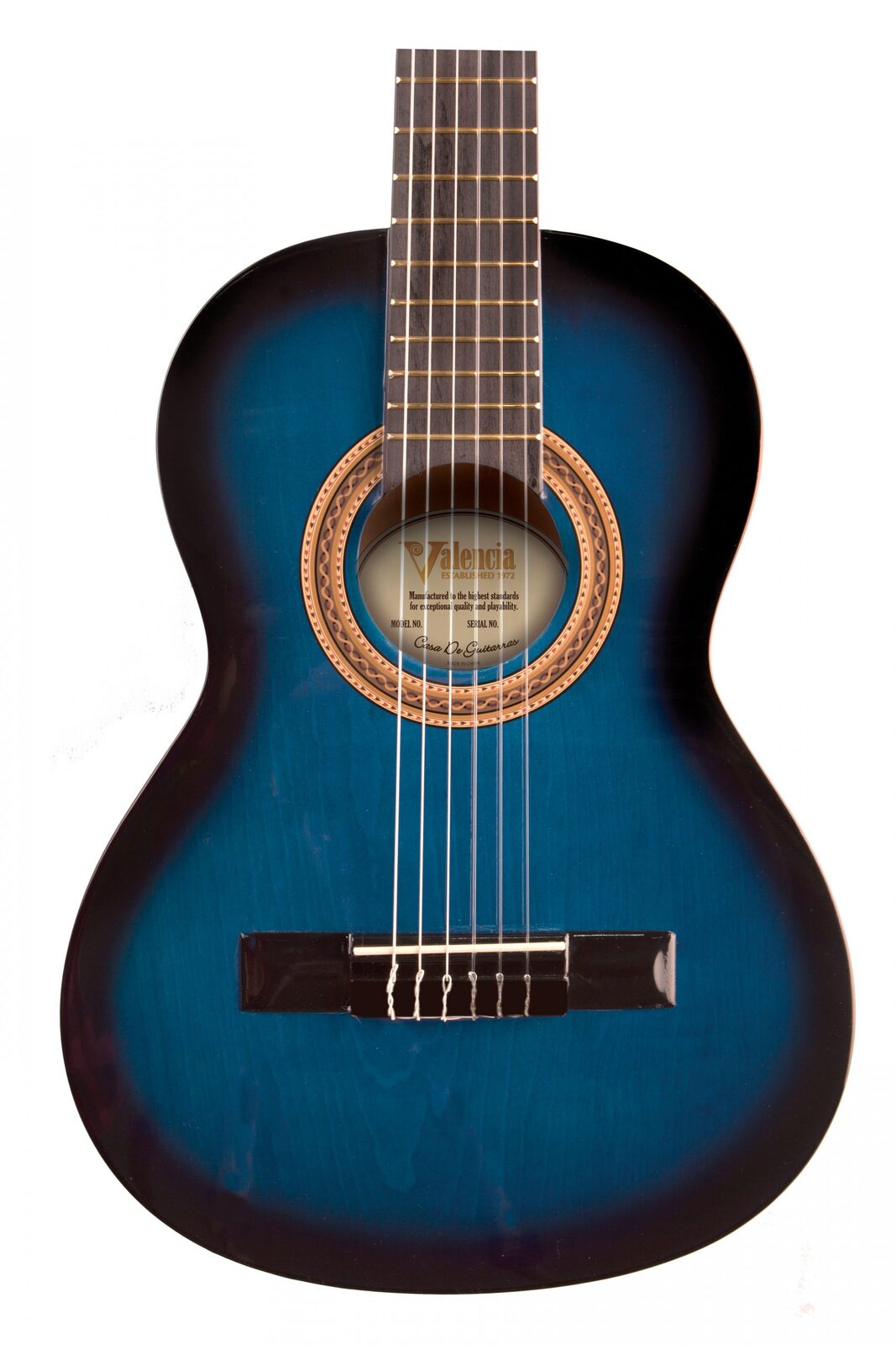 Blue acoustic guitar with a wooden soundhole on a white background