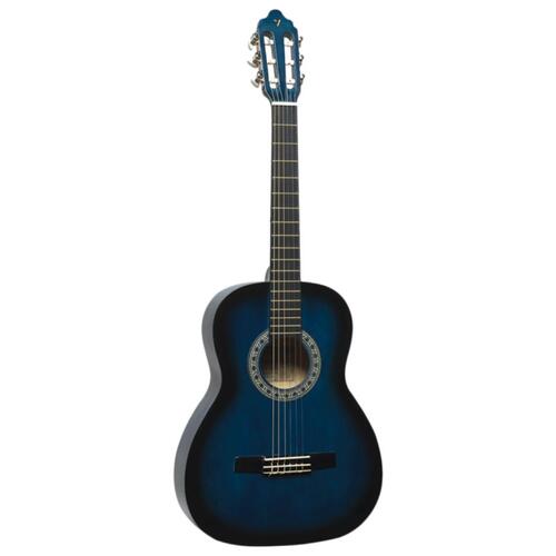Blue classical guitar on a white background