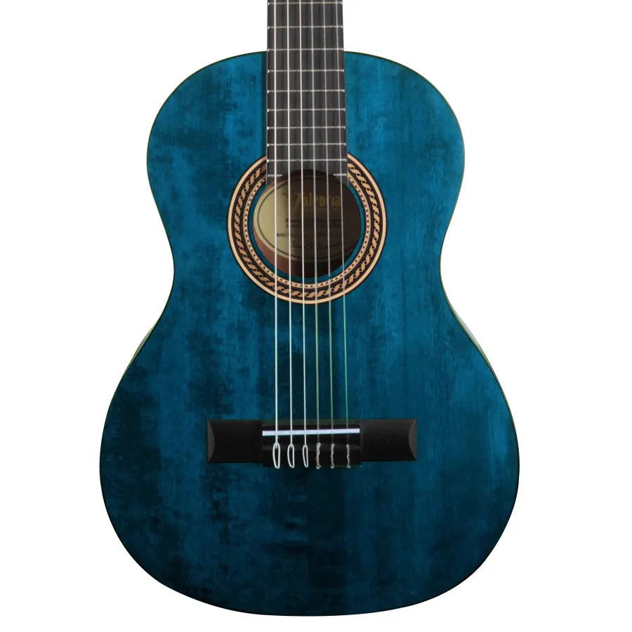 Blue acoustic guitar on a white background