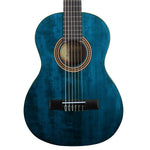 Blue acoustic guitar on a white background